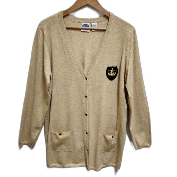 DG2 Cardigan Sweater Womens XL Gold Metallic Crest Button Pockets V Neck Sparkle - Picture 1 of 11